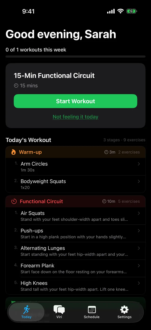 Viri's Today screen showing a personalized 15-minute functional circuit with warm-up and exercises.