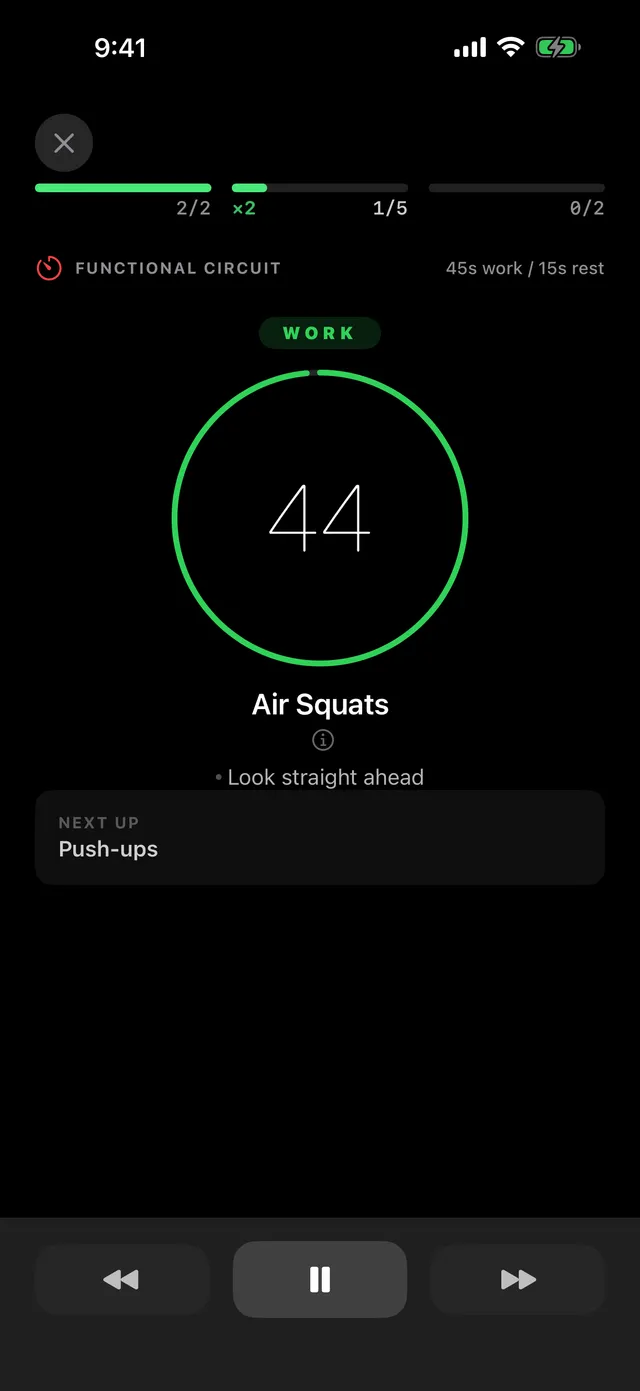 A timed functional circuit in progress, counting down work and rest intervals.