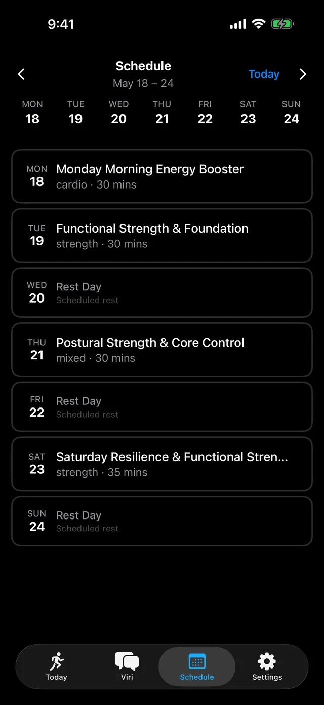 Viri's weekly schedule with workouts and rest days laid out across the week.