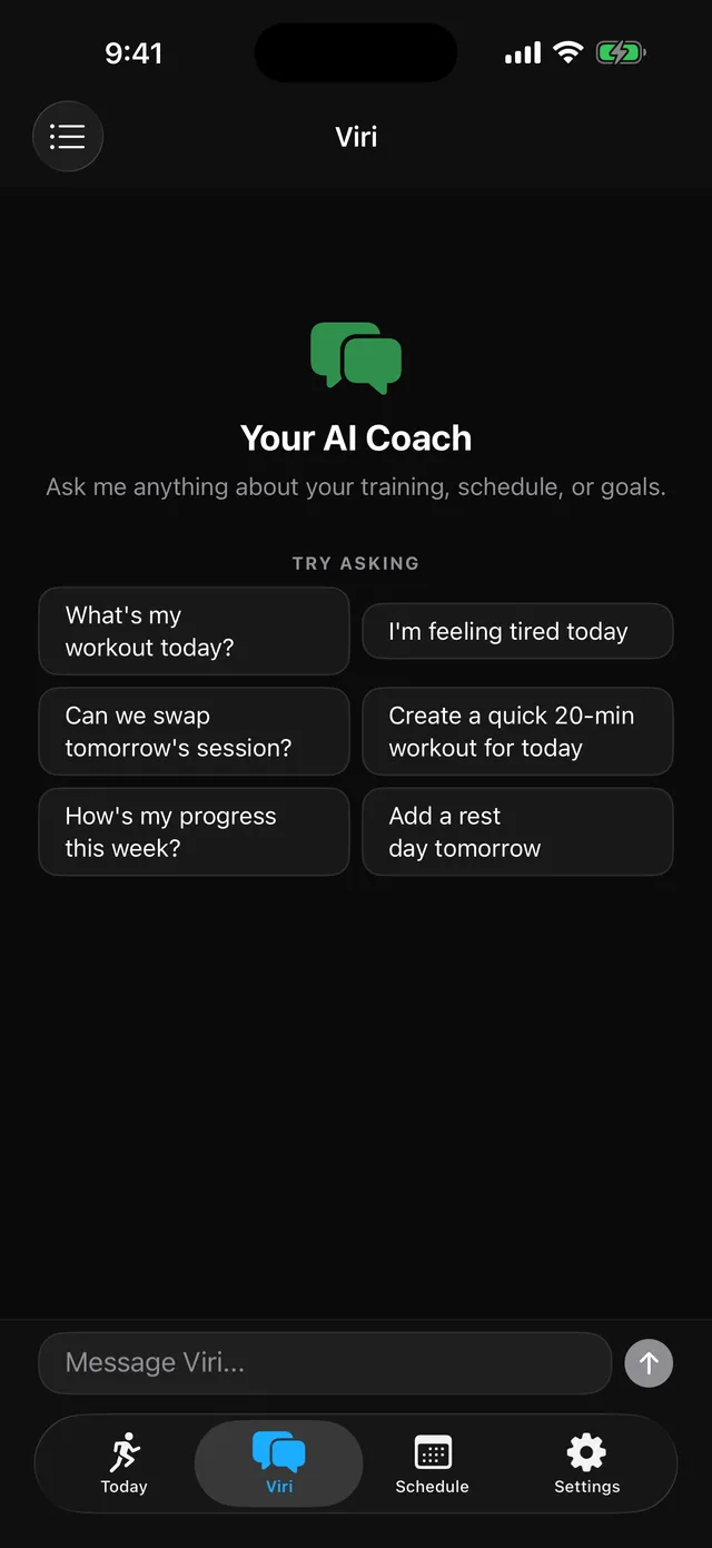 Viri's AI coach chat, ready to adjust your training, schedule, or goals.