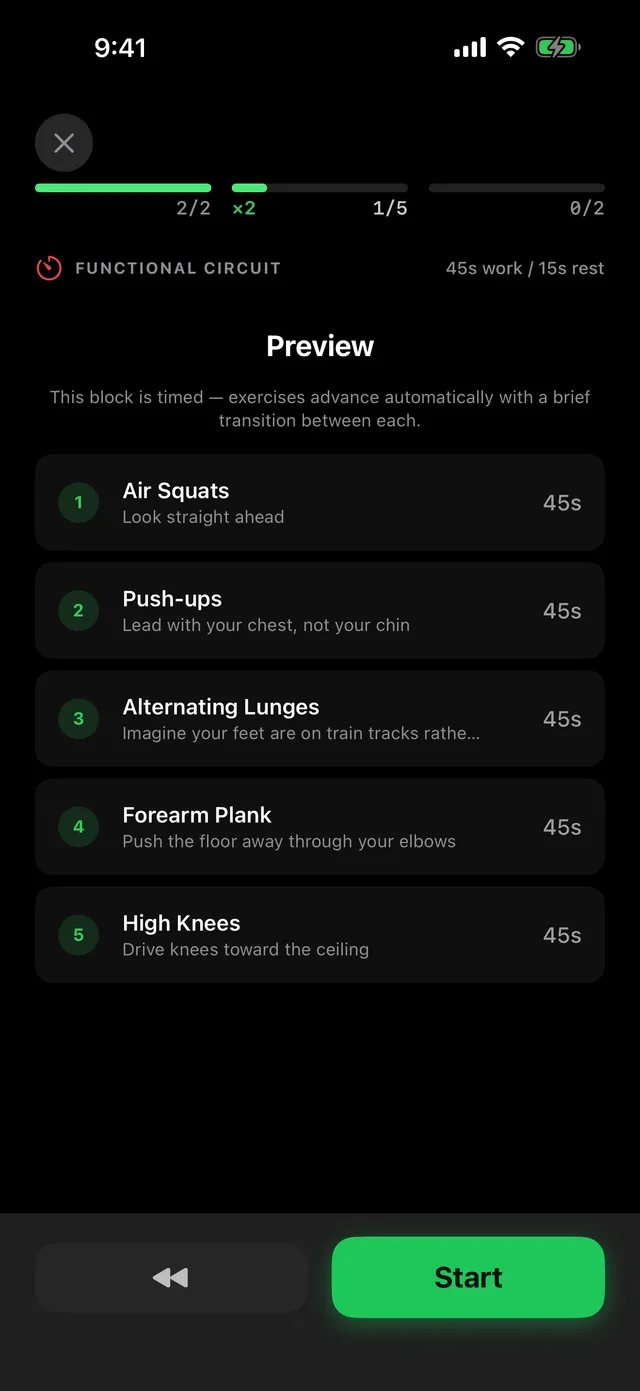 Circuit preview listing each exercise and its work interval before you start.