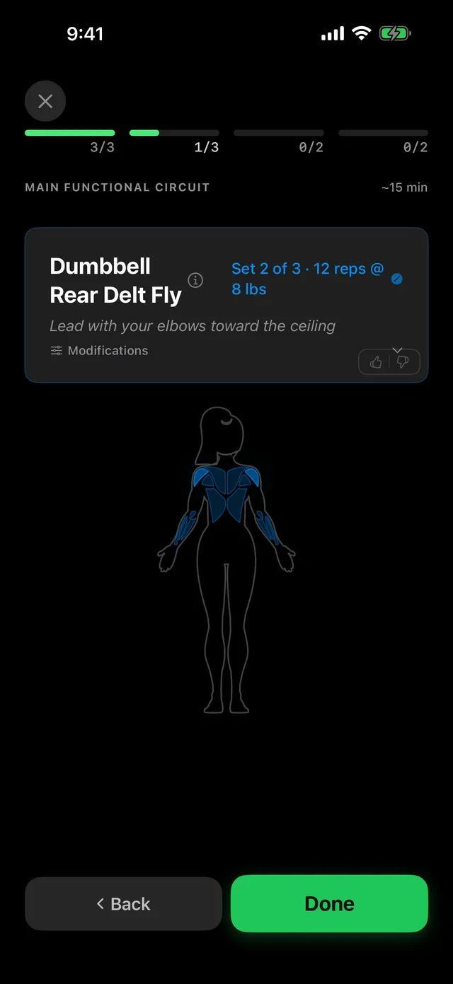 Body map highlighting the muscles targeted by the current exercise.