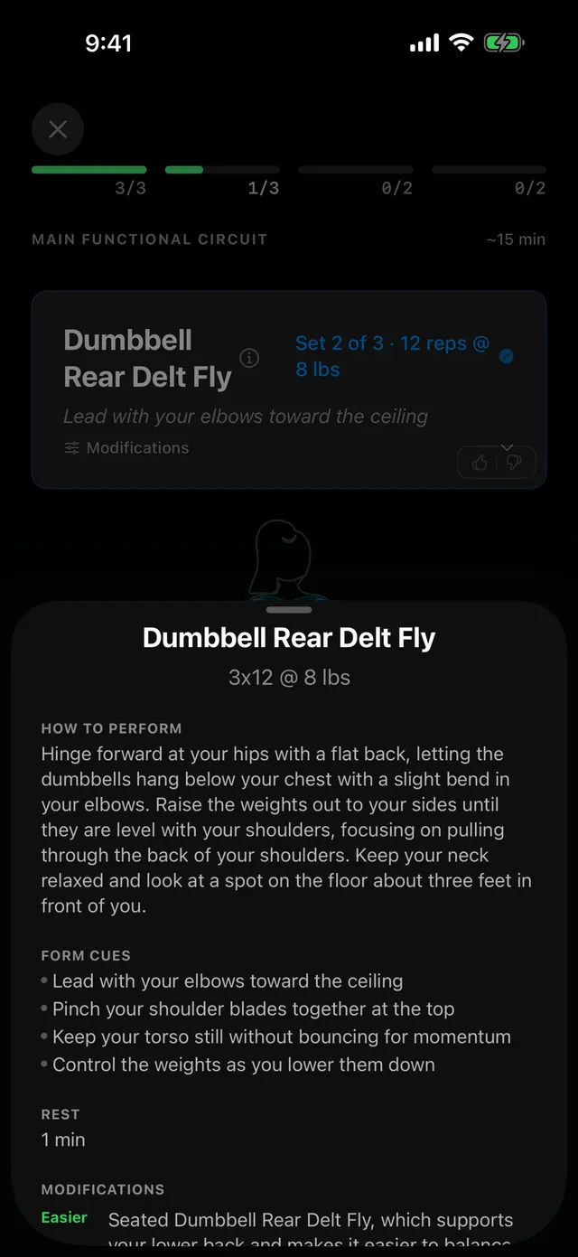 Exercise detail for a dumbbell rear delt fly with how-to steps and form cues.