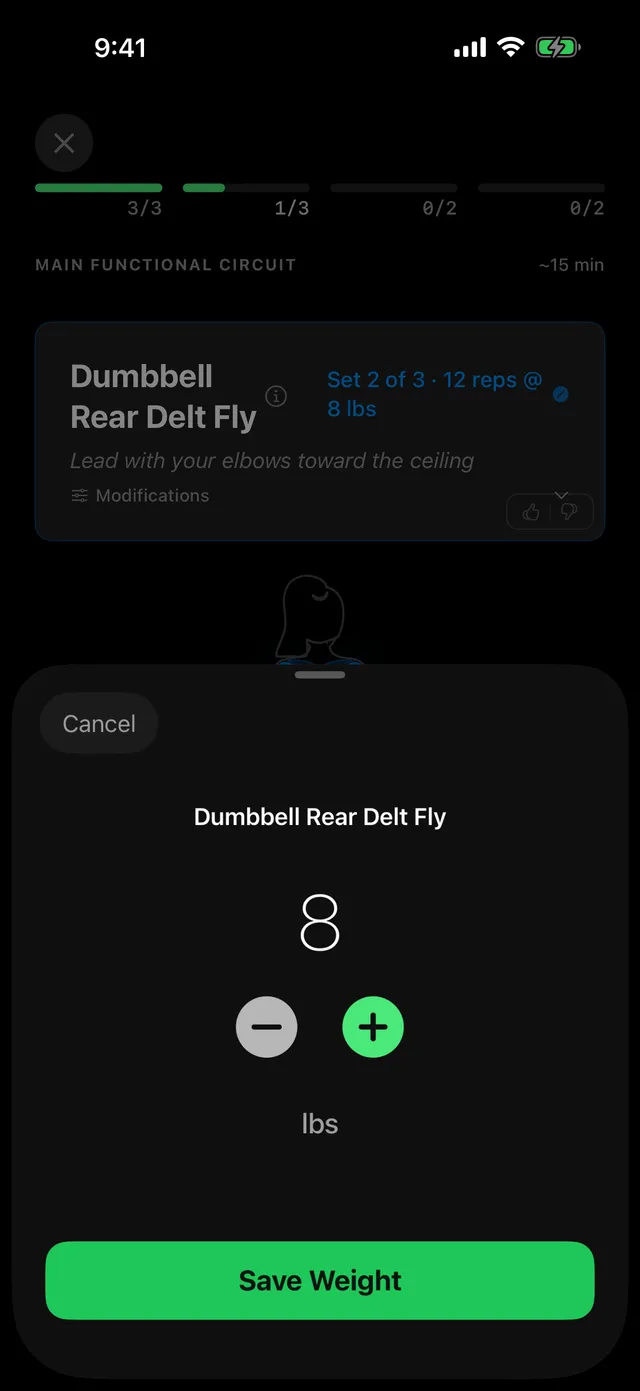 Weight editor letting you adjust the load for an exercise mid-session.