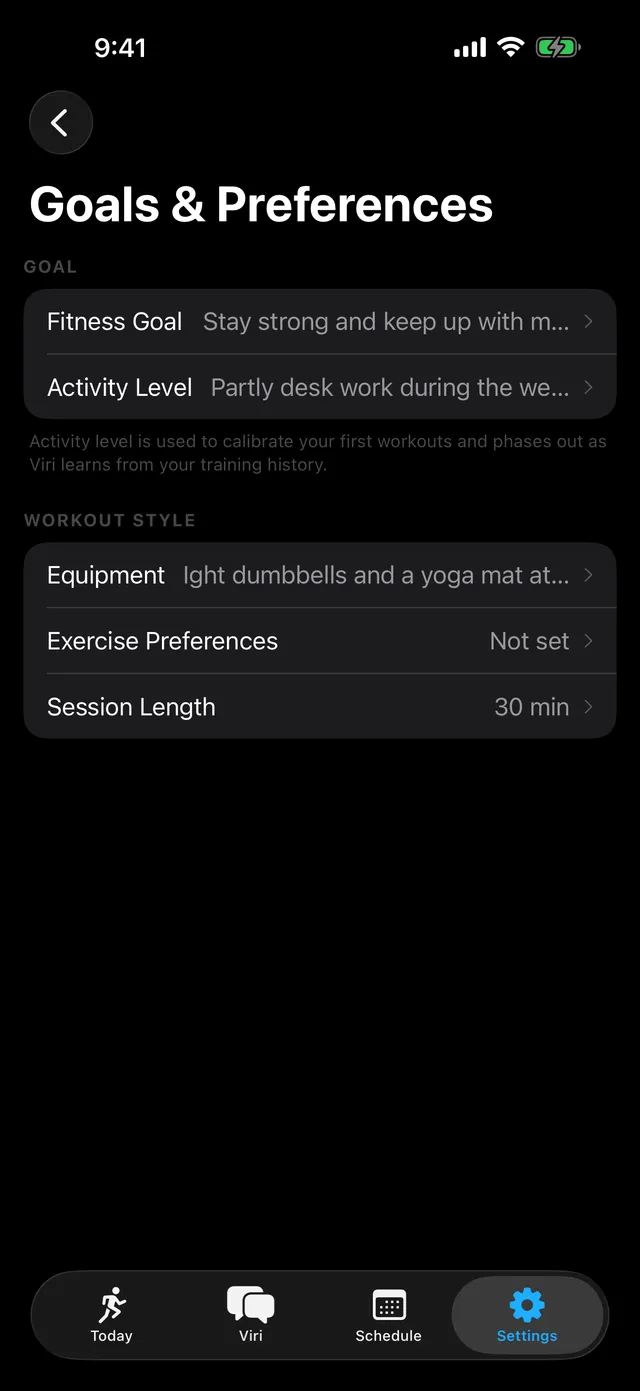 Goals and preferences settings for fitness goal, activity level, and equipment.